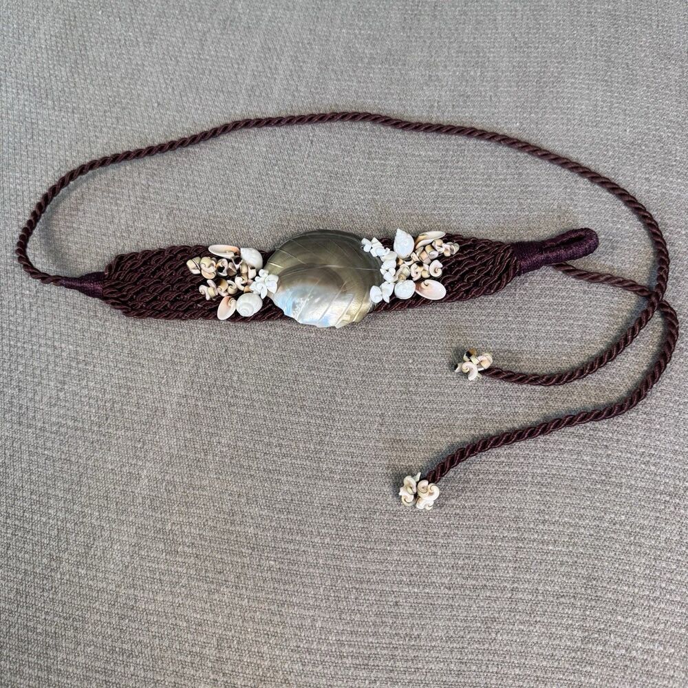 Vintage Macrame Tie Belt Abalone Shell Beads Boho Hippie Mermaid Coastal 569